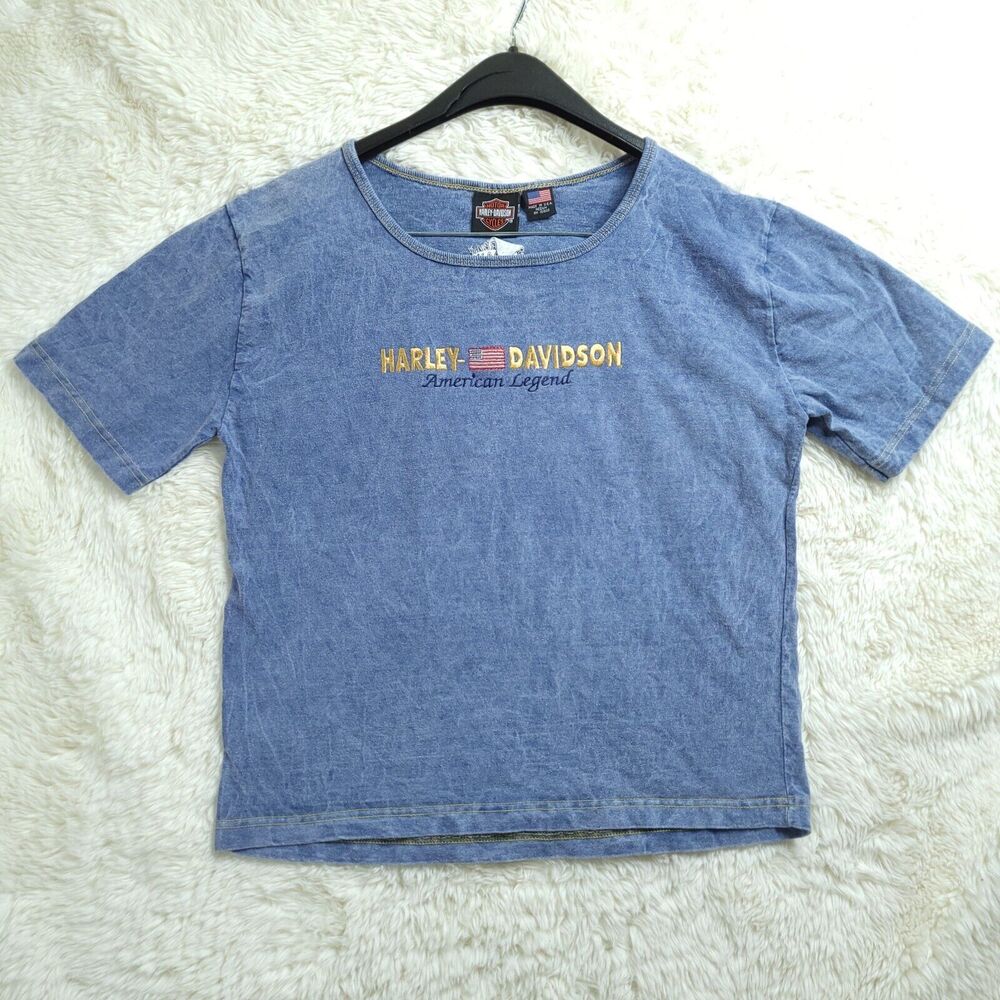 Vtg USA Made Harley Davidson Acid Wash Blue American Legend Tee Sz M Y2K Cotton